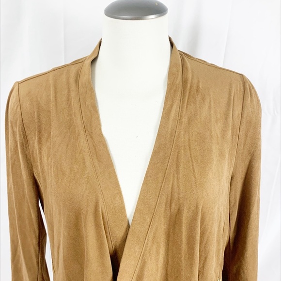 Tanjay Camel Brown Faux Suede Open Front Jacket with Gold Zip Pockets – Size 14 - Picture 5 of 8